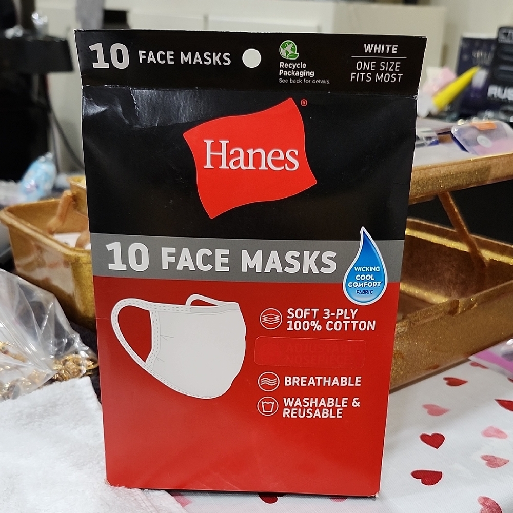 HANES WHITE FACE MASKS - 10 PACK